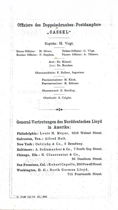 List of Senior Officers and Staff with American Agencies for Norddeutscher Lloyd, SS Cassel Cabin Passenger List, 17 November 1910.