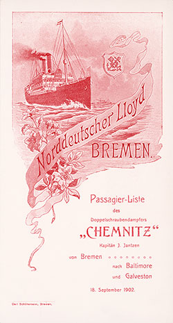 1902-09-18 Passenger Manifest for the SS Chemnitz