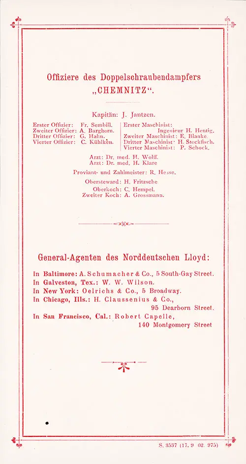 Senior Officers and Staff and US General Agents for Norddeutscher Lloyd, SS Chemnitz Passenger List, 18 September 1902.
