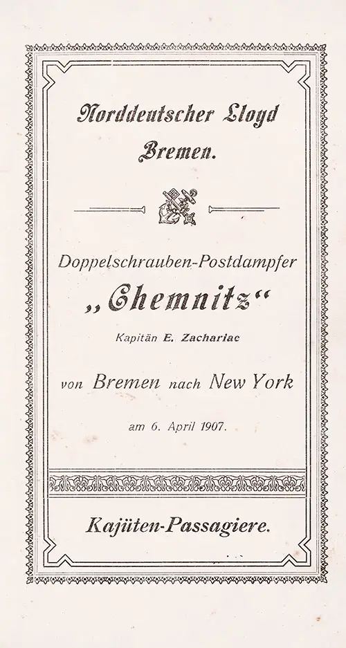 Title Page, SS Chemnitz Cabin Passenger List, 6 April 1907.