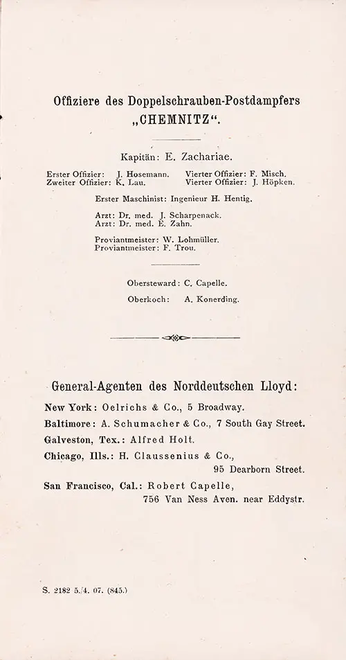 Senior Officers and Staff and US General Agents for Norddeutscher Lloyd, SS Chemnitz Passenger List, 6 April 1907.