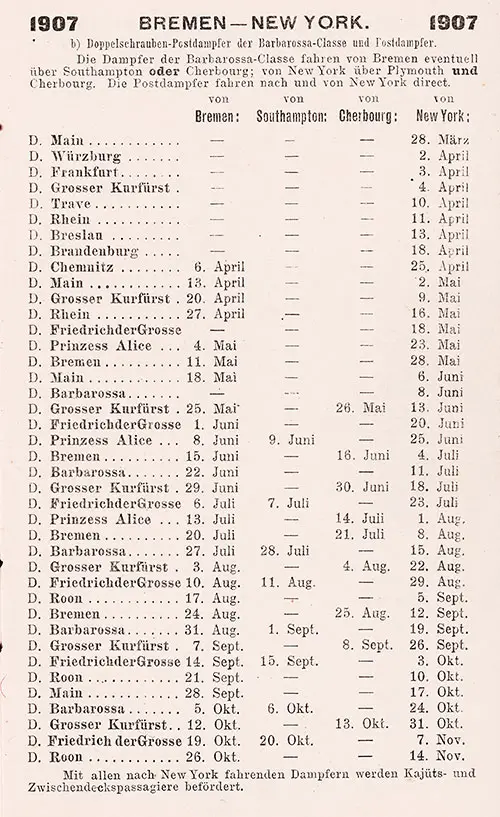 Sailing Schedule, Bremen-Southampton-Cherbourg-New York, Barbarossa-Class Twin-Screw Mail Steamer and Mail Steamer, from 28 March 1907 to 14 November 1907.