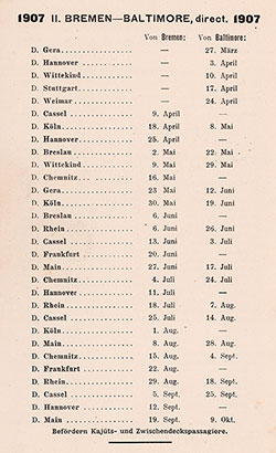 Sailing Schedule, Bremen-Baltimore (Direct), from 27 March 1907 to 9 October 1907.