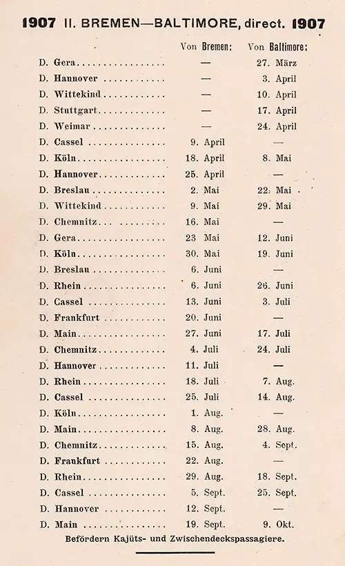 Sailing Schedule, Bremen-Baltimore (Direct), from 27 March 1907 to 9 October 1907.