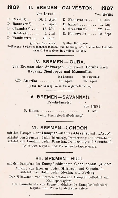 Sailing Schedule, Bremen-Galveston, Bremen-Cuba, Bremen-Savannah, Bremen-London, and Bremen-Hull, from 9 April 1907 to 12 September 1907.