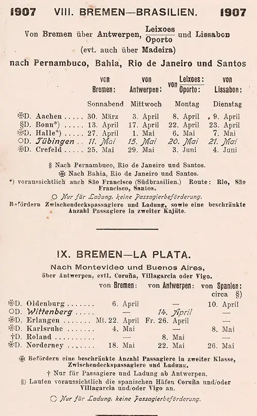 Sailing Schedule, Bremen-Brazil and Bremen-La Plata, from 30 March 1907 to 4 June 1907.