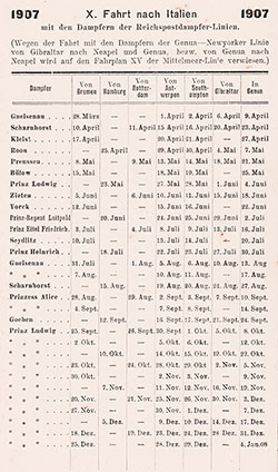 Sailing Schedule, Breman-Hamburg-Rotterdam-Antwerp-Southampton-Gibraltar-Genoa, from 28 March 1907 to 8 January 1908.