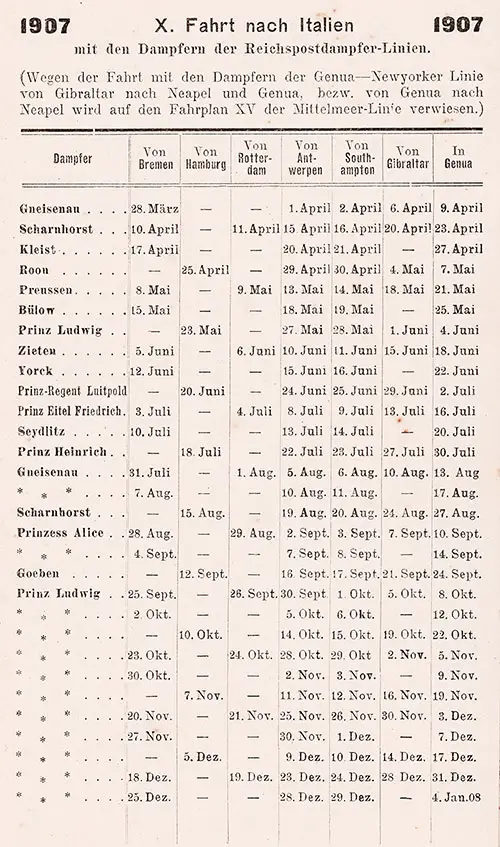 Sailing Schedule, Breman-Hamburg-Rotterdam-Antwerp-Southampton-Gibraltar-Genoa, from 28 March 1907 to 8 January 1908.