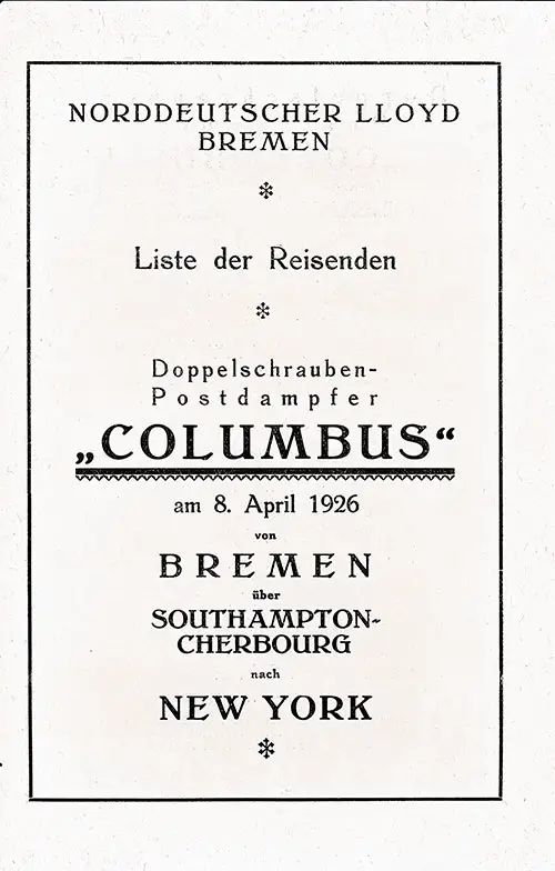 Title Page, SS Columbus Third Class Passenger List, 8 April 1926.