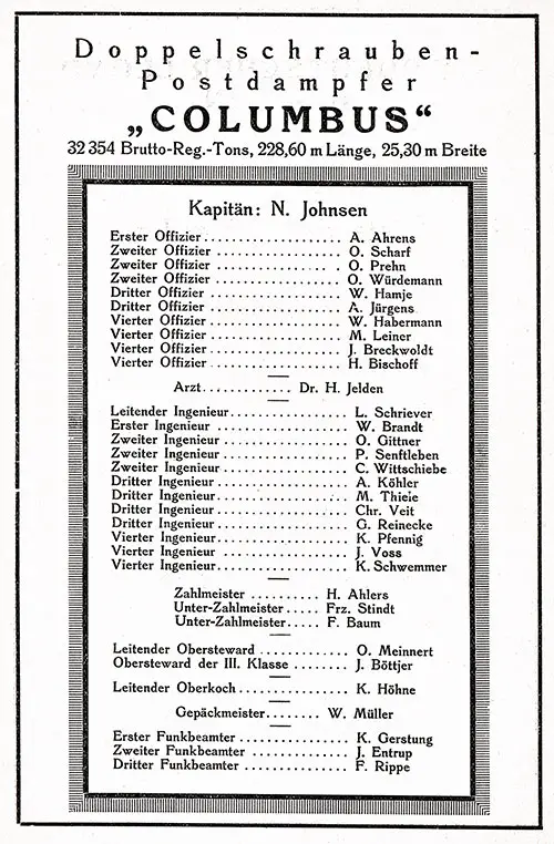 List of Senior Officers and Staff, SS Columbus Passenger List, 8 April 1926.
