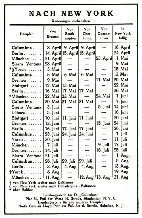Sailing Schedule, Bremen-New York, from 8 April 1926 to 21 August 1926.