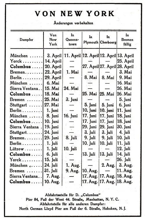 Sailing Schedule, New York-Bremen, from 3 April 1926 to 18 August 1926.