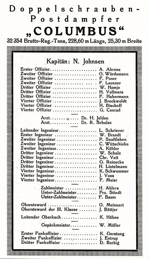 List of Senior Officers and Staff, SS Columbus Passenger List, 16 January 1927.