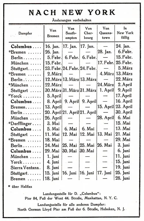 Sailing Schedule, Bremen-New York, from 16 January 1927 to 28 June 1927.