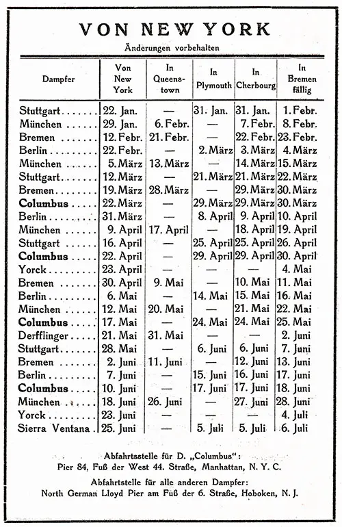 Sailing Schedule, New York-Bremen, from 22 January 1927 to 6 July 1927.