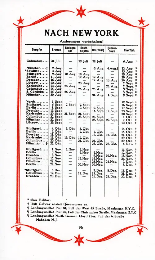 Sailing Schedule, Bremen-New York via Boulogne-sur-Mer, Southampton, Cherbourg, and Queenstown (Cobh), from 28 July 1928 to 30 December 1928.