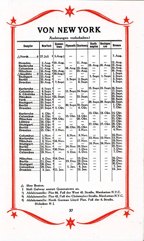 Sailing Schedule, New York to Bremen via Queenstown (Cobh), Plymouth, Cherbourg, Southampton, and Bologne-sur-Mer, from 27 July 1928 to 13 January 1929.