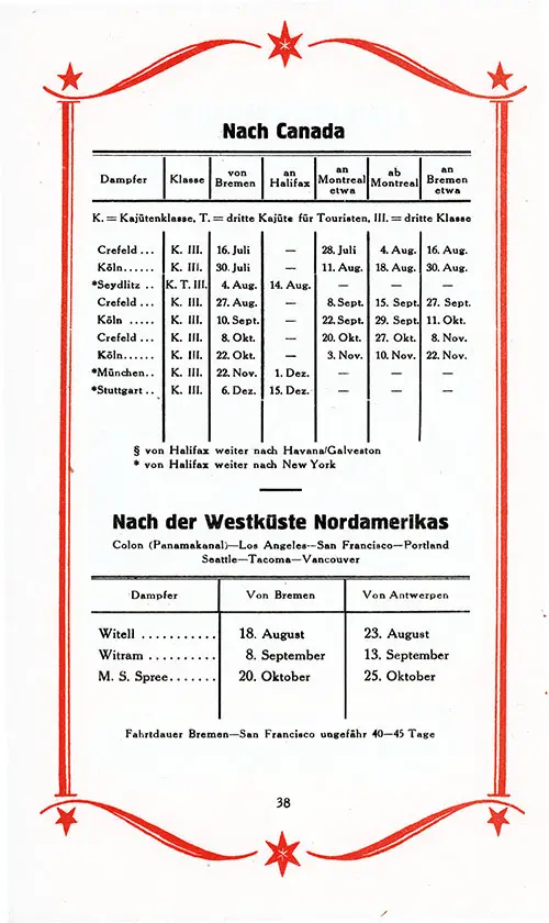 Sailing Schedule, Norddeutscher Lloyd Canadian Service, from 16 July 1928 to 15 December 1928.