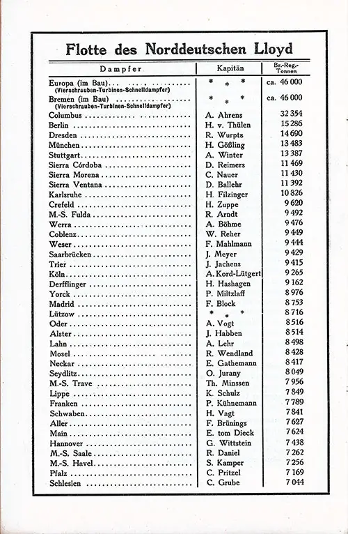 Norddeutscher Lloyd/North German Lloyd Fleet List, 1929 (Part 1 of 4).