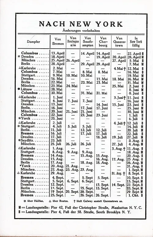 Sailing Schedule, Bremen to New York, from 13 April 1929 to 26 September 1929.