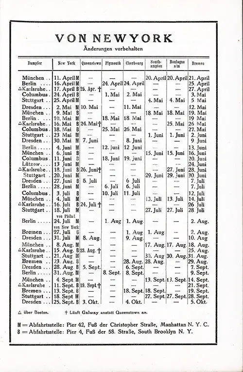Sailing Schedule, Bremen to New York, from 11 April 1929 to 5 October 1929.