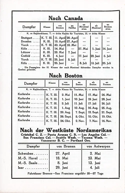 Sailing Schedule, Canada, Boston, and North American West Coast Services, from 11 April 1929 to 16 November 1929.