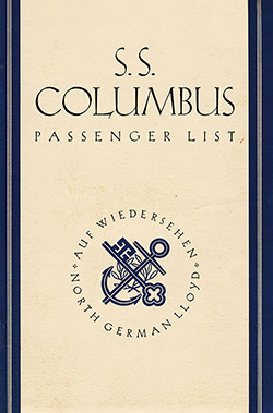Front Cover, Tourist Class Passenger List from the SS Columbus of the North German Lloyd, Departing 21 May 1938 from New York to Bremen via Cobh, Plymouth and Cherbourg.