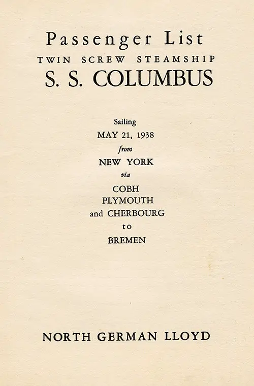 Title Page, SS Columbus Tourist Class Passenger List, 21 May 1938.