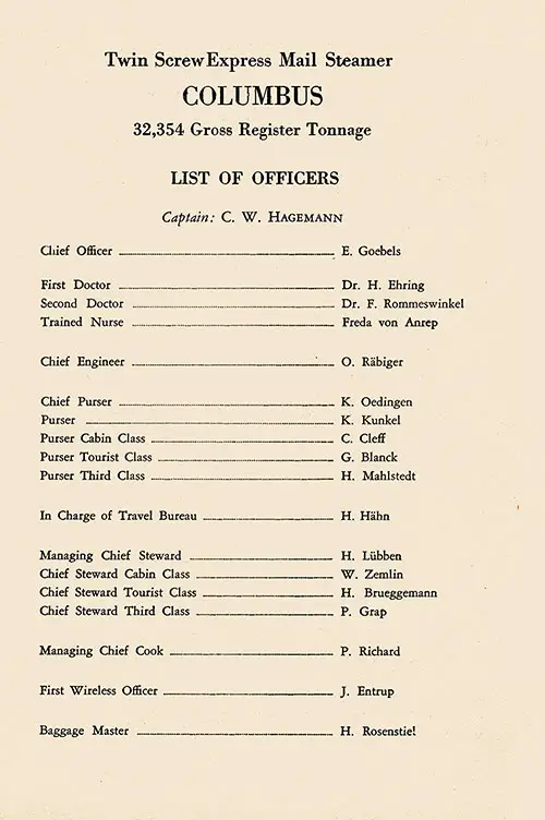 List of Senior Officers and Staff, SS Columbus Tourist Class Passenger List, 21 May 1938.