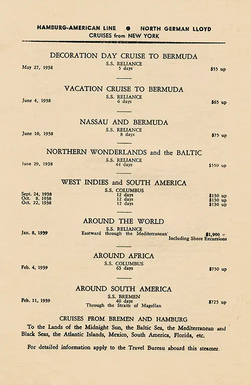 Advertisement: Cruises from New York, 1938-1939.