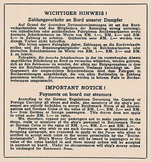Important Notice About Payments On Board Norddeutscher Lloyd Steamers, 1938.