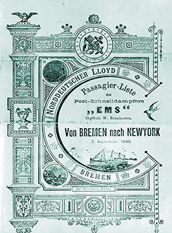 GGA Image ID # 1eebef92ec Front Cover, Steerage Passenger List for the SS Ems of the North German Lloyd, Departing Saturday, 7 September 1895 from Bremen to New York.