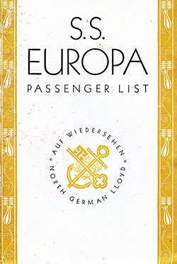 Front Cover, Tourist Class Passenger List from the SS Europa of the North German Lloyd, Departing 17 July 1935 from New York to Bremen via Cherbourg and Southampton.