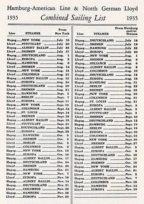 Sailing Schedule, New York-Hamburg and New York-Bremen, from 18 July 1935 to 29 November 1935.