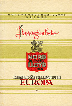 Front Cover, First Class Passenger List from the SS Europa of the North German Lloyd, Departing 3 September 1935 from Bremen to New York via Southampton and Cherbourg.