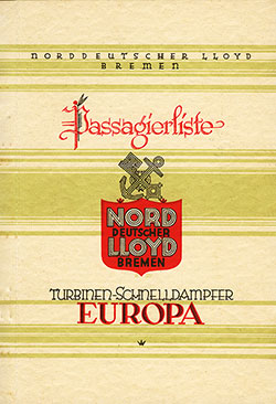 GGA Image ID # 20ebcdb229 Front Cover, First Class Passenger List from the SS Europa of the North German Lloyd, Departing 3 September 1935 from Bremen to New York via Southampton and Cherbourg.
