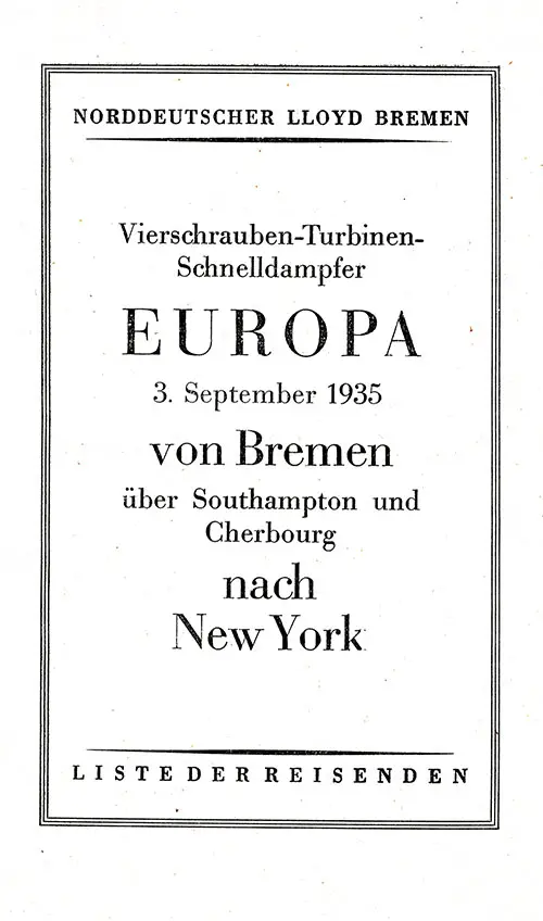 Title Page, SS Europa First Class Passenger List, 3 September 1935.