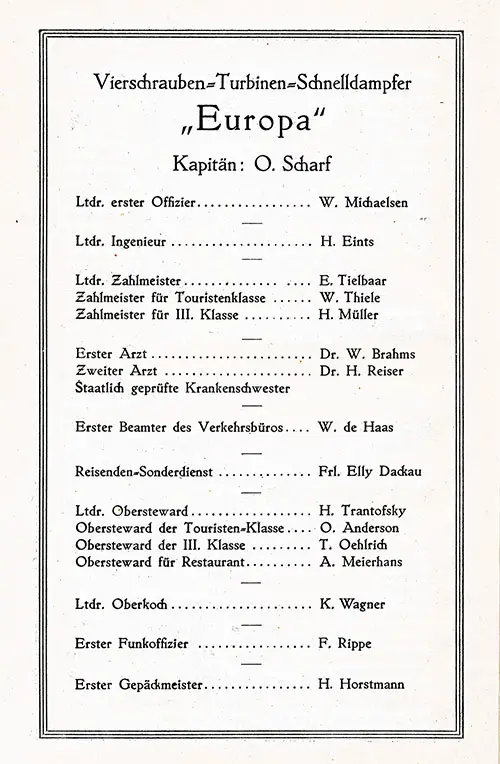 Senior Officers and Staff, SS Europa First Class Passenger List, 3 September 1935.