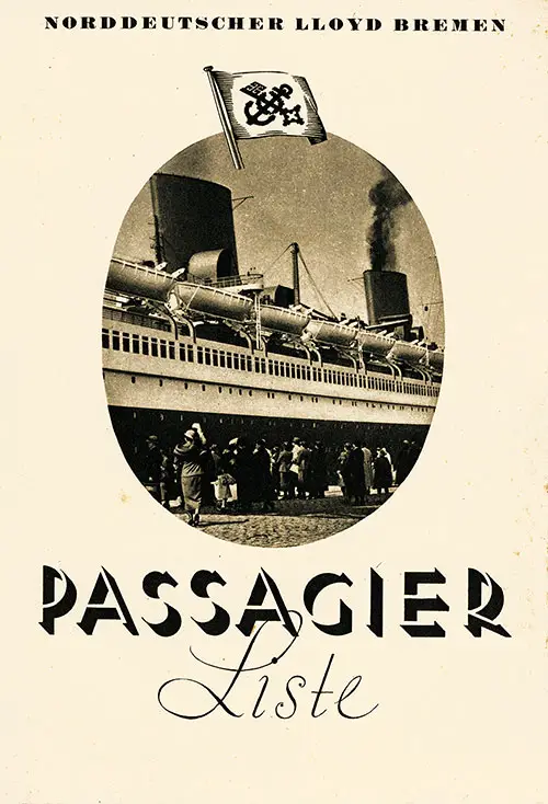 Front Cover, Tourist Class Passenger List from the SS Europa of the North German Lloyd, Departing 3 September 1935 from Bremen to New York via Southampton and Cherbourg.