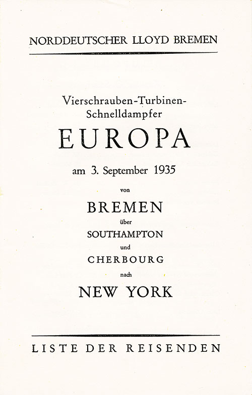 Title Page, SS Europa Tourist and Third Class Passenger List, 3 September 1935.