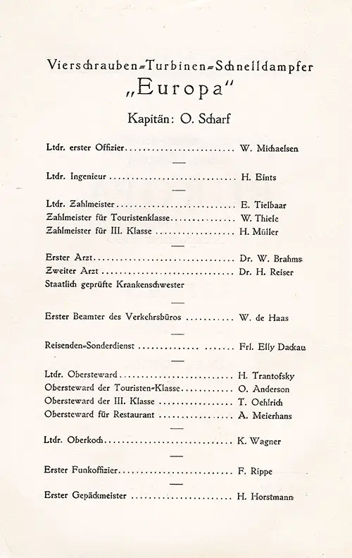 Senior Officers and Staff, SS Europa Tourist and Third Class Passenger List, 3 September 1935.