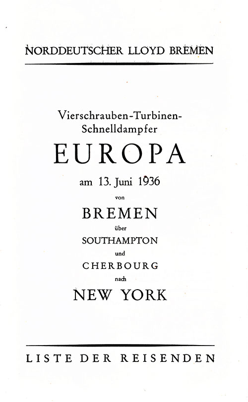 Title Page, SS Europa Tourist and Third Class Passenger List, 13 June 1936.