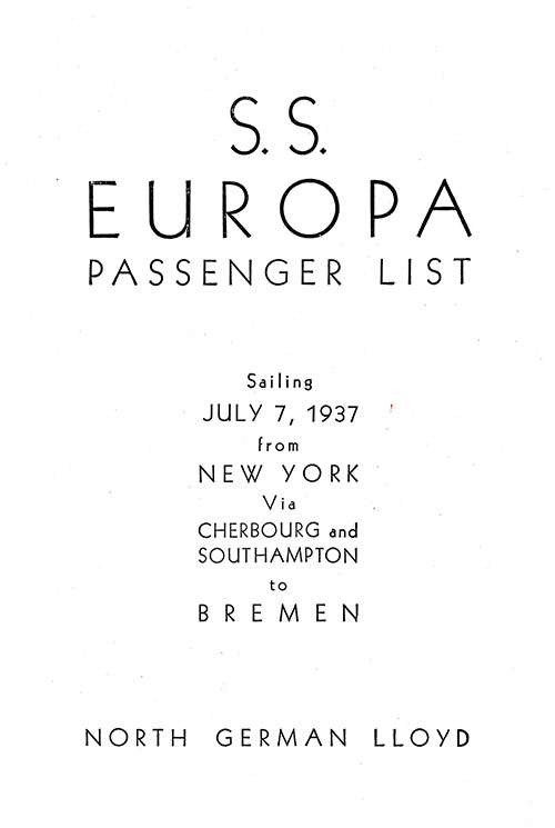 Title Page, SS Europa Tourist Class Passenger List, 7 July 1937.