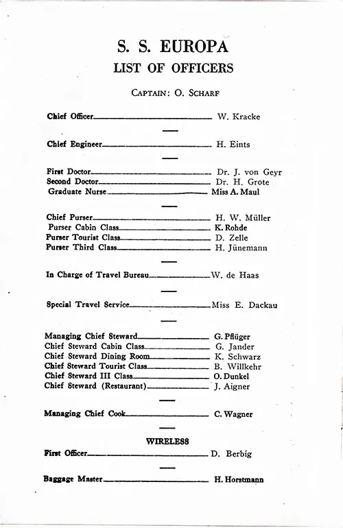 Senior Officers and Staff, SS Europa Tourist Class Passenger List, 7 July 1937.