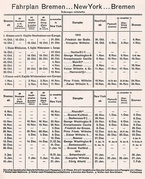 Sailing Schedule, Bremen-Boulogne-Southampton-New York and New York-Plymouth, Cherbourg-Bremen, from 11 October 1913 to 7 February 1914.