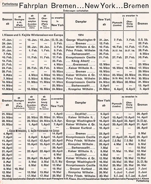 Sailing Schedule, Bremen-Boulogne-Southampton-New York and New York-Plymouth, Cherbourg-Bremen, from 18 January 1914 to 8 June 1914.