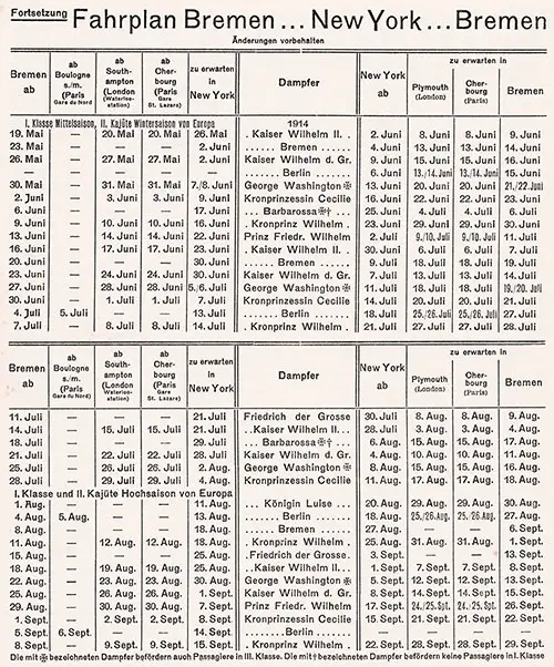 Sailing Schedule, Bremen-Boulogne-Southampton-New York and New York-Plymouth, Cherbourg-Bremen, from 19 May 1914 to 29 September 1914.