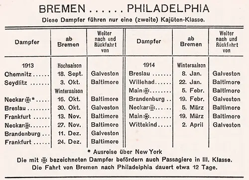Sailing Schedule, Bremen-Philadelphia, from 18 September 1913 to 2 April 1914.