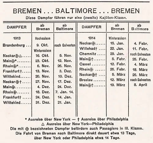 Sailing Schedule, Bremen-Baltimore-Bremen, from 9 October 1913 to 8 April 1914.