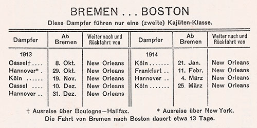 Sailing Schedule, Bremen-Boston, from 8 October 1913 to 25 March 1914.